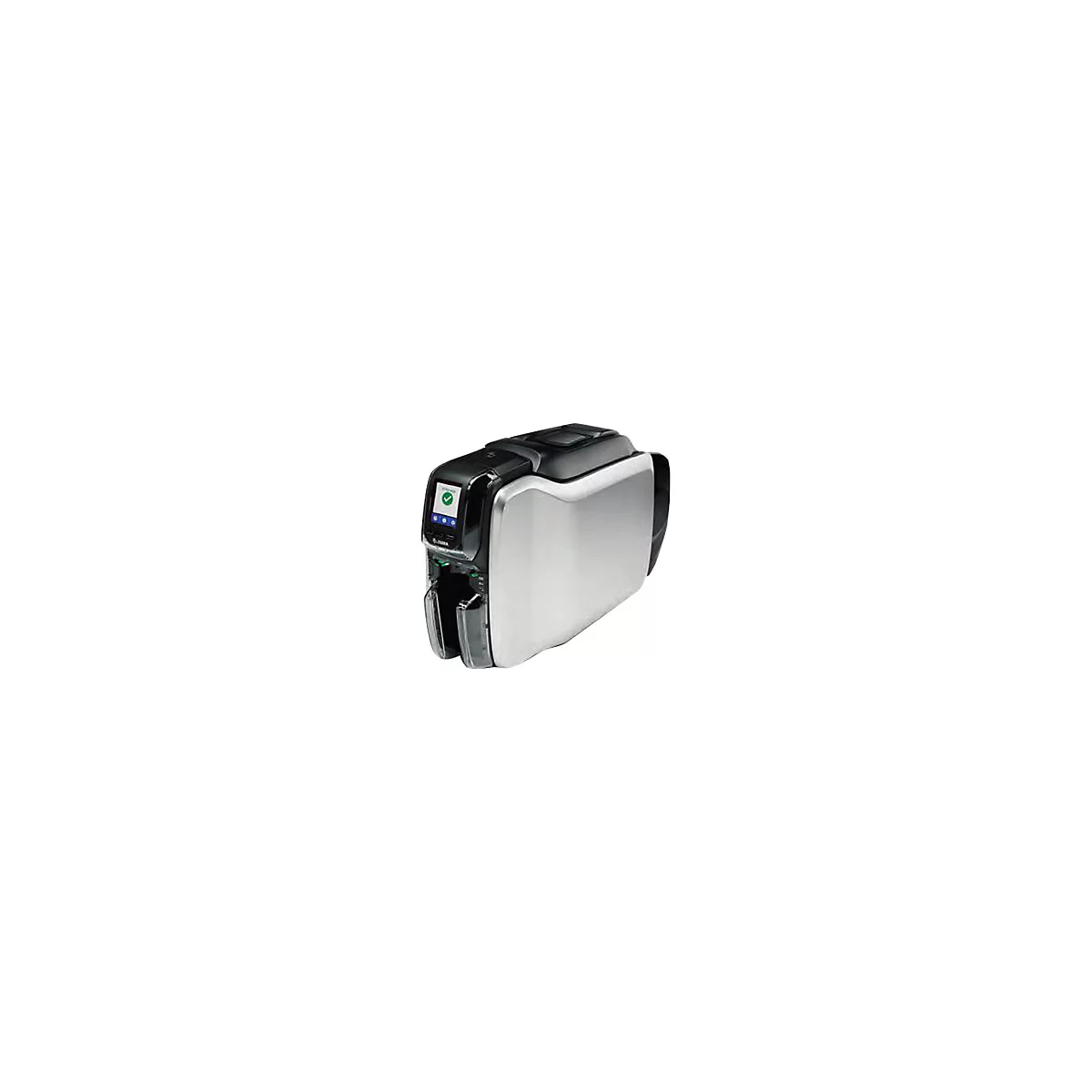 Karten-Drucker. Schwarz-silbernes GehÃ¤use, Display mit grÃ¼nem Haken. Zebra-Logo.