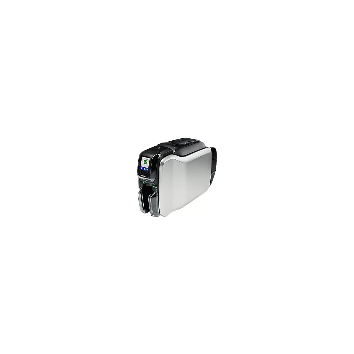 Karten-Drucker, schwarz-silber, mit Display und grÃ¼nem Haken. Zebra-Logo.