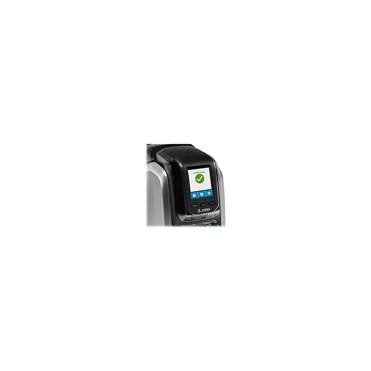 Schwarzer Kartendrucker mit Display, ZC300 ready und Haken-Symbol. Zebra Logo.