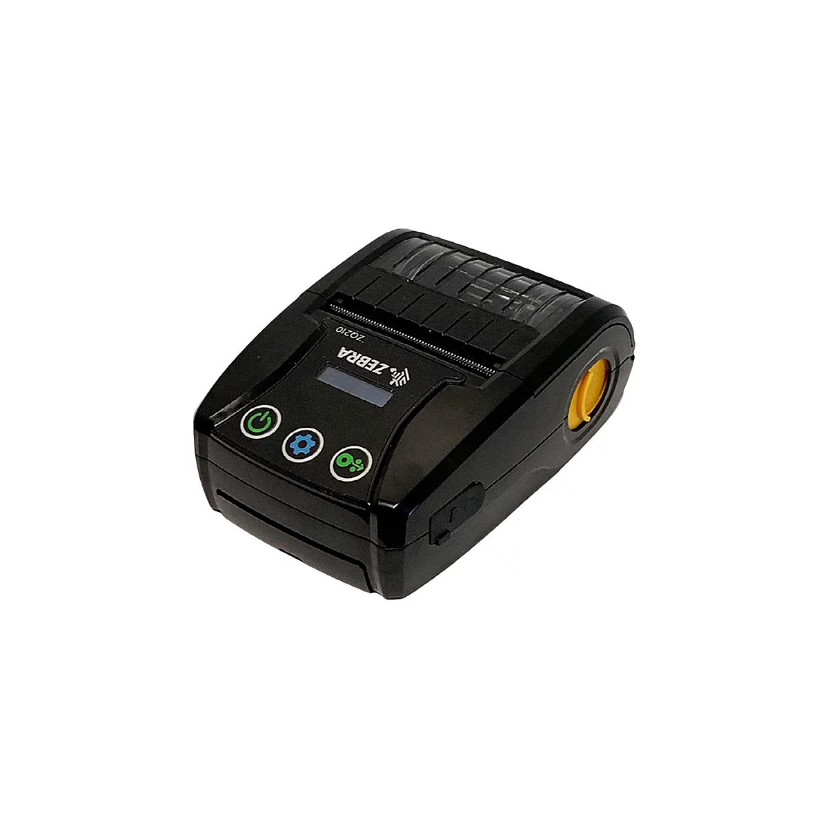 Schwarzer Zebra ZQ210 mobiler Drucker mit BedienknÃ¶pfen, Display und gelber Rolle.