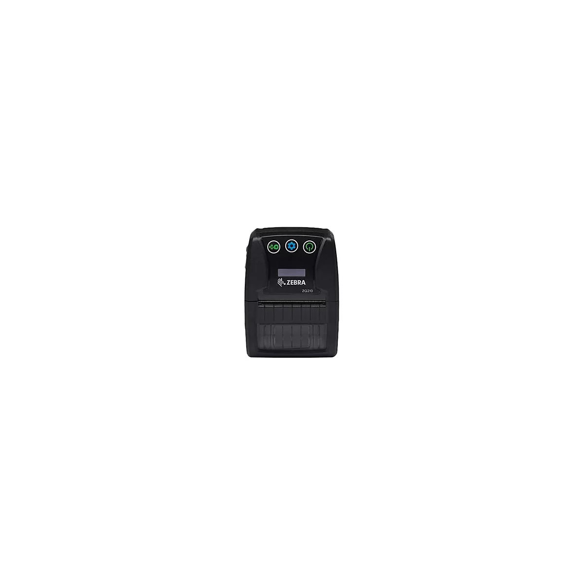 Schwarzer Zebra ZQ210 Thermodrucker. Oben befinden sich drei Symbole: Zahlung, Einstellung, Energie. Darunter das Zebra Logo und Modellbezeichnung.