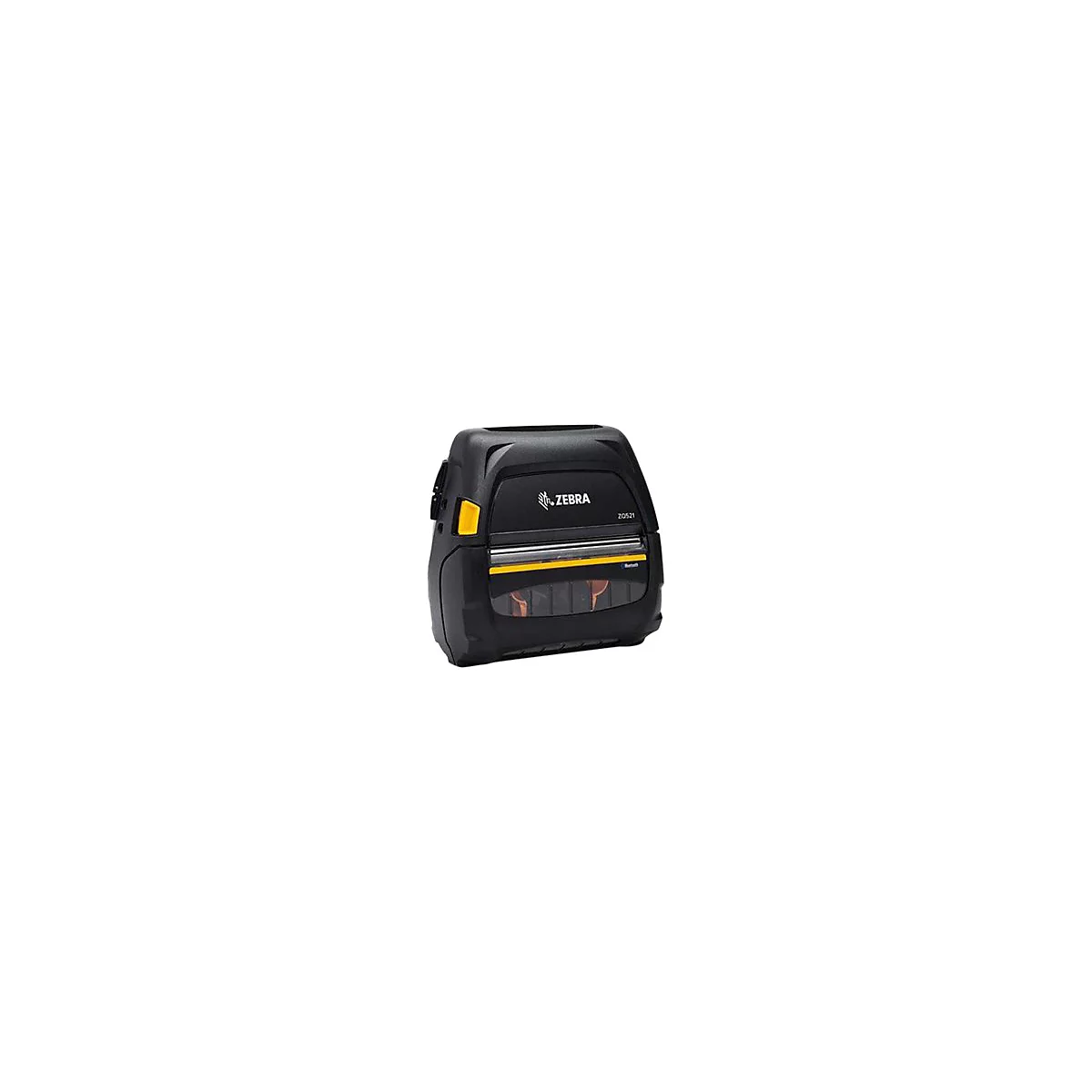 Schwarzer Zebra-Etikettendrucker, gelbe Akzente, Schriftzug Zebra ZQ621, Bluetooth.