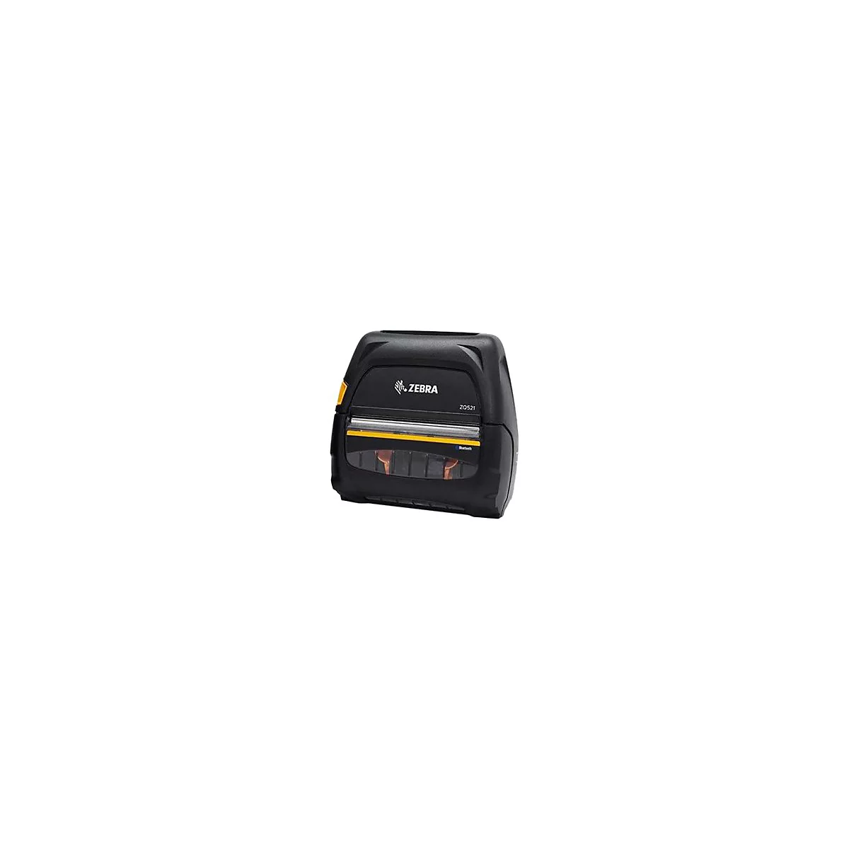 Schwarzer Zebra ZQ521 Drucker mit gelben Akzenten. Aufschrift Zebra und ZQ521.