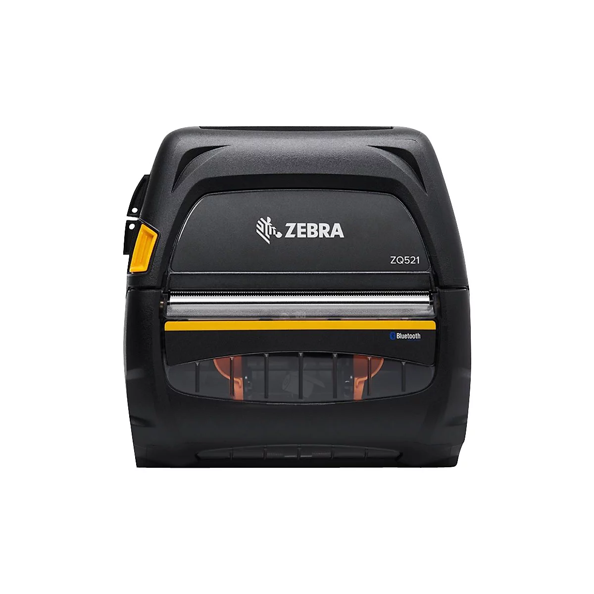 Schwarzer Zebra Drucker mit gelben Akzenten, ZQ521 Schriftzug und Bluetooth Logo.
