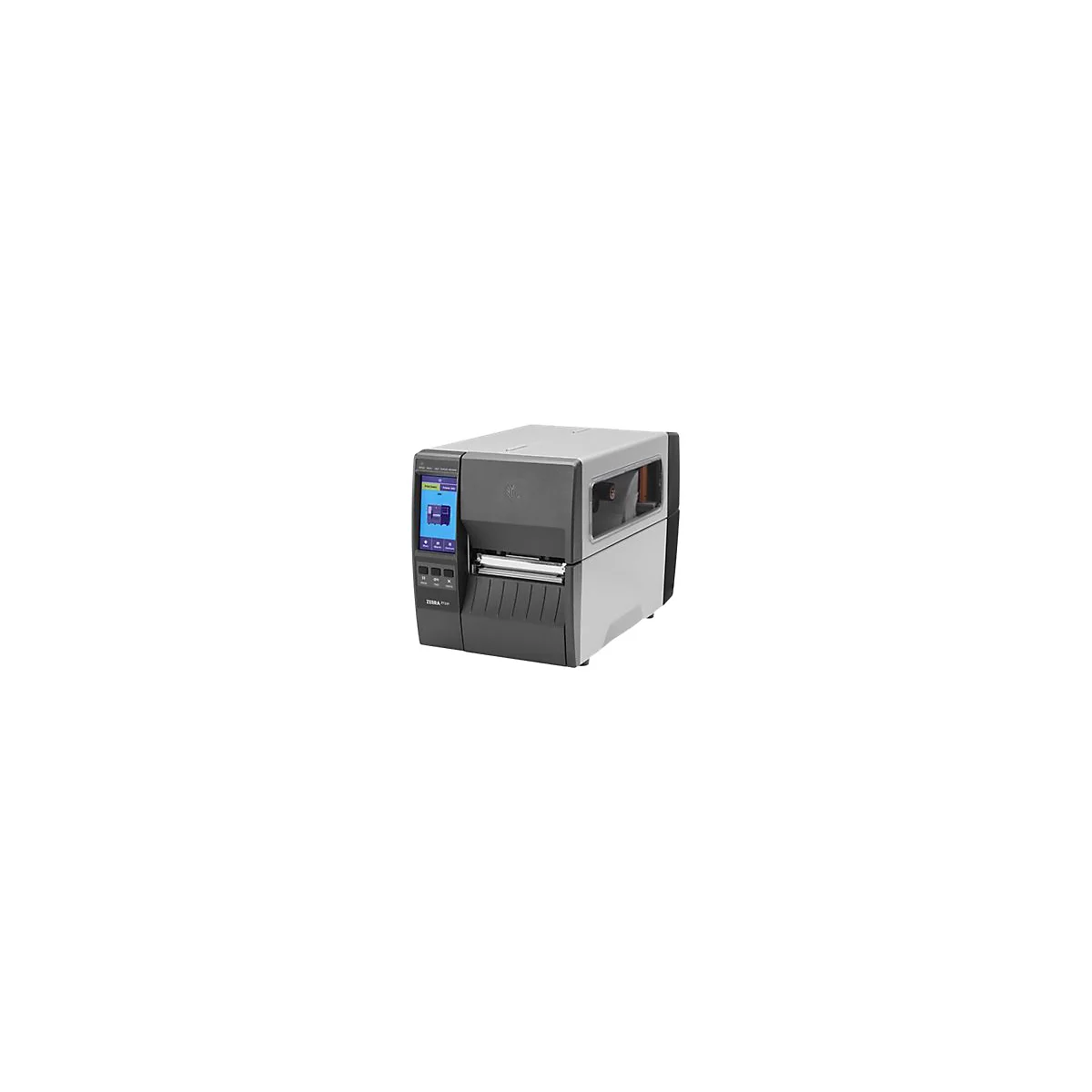 Drucker mit blauem Touchscreen, Zebra-Logo, schwarz-grau. Text: Zebra ZT411.