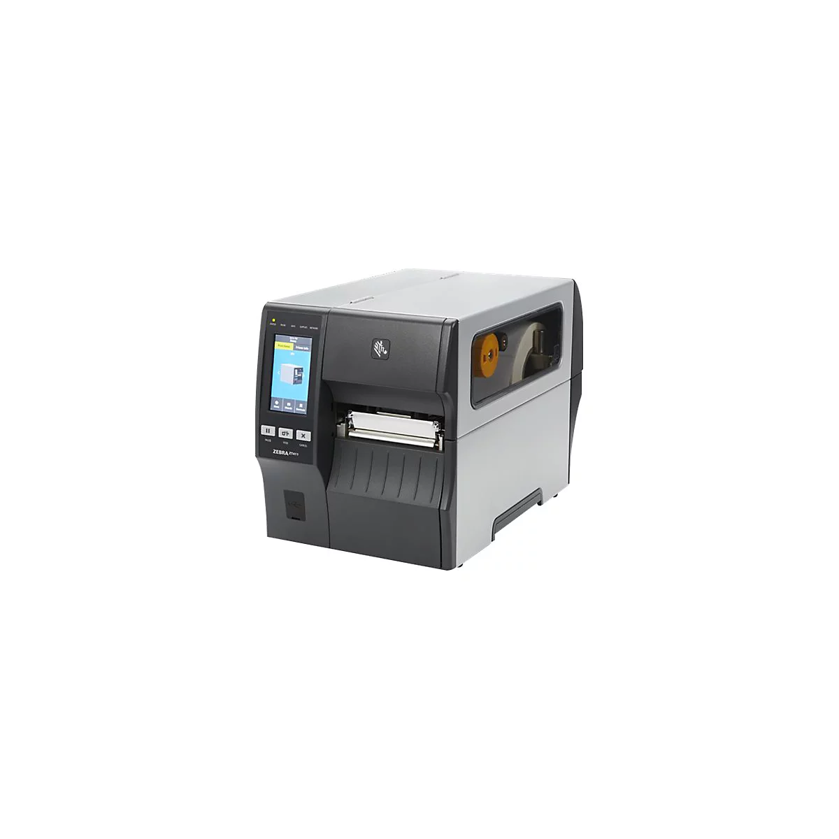 Drucker von Zebra, grau und schwarz, mit Touchscreen. Auf der Front ist der Schriftzug Zebra ZT411 zu sehen.