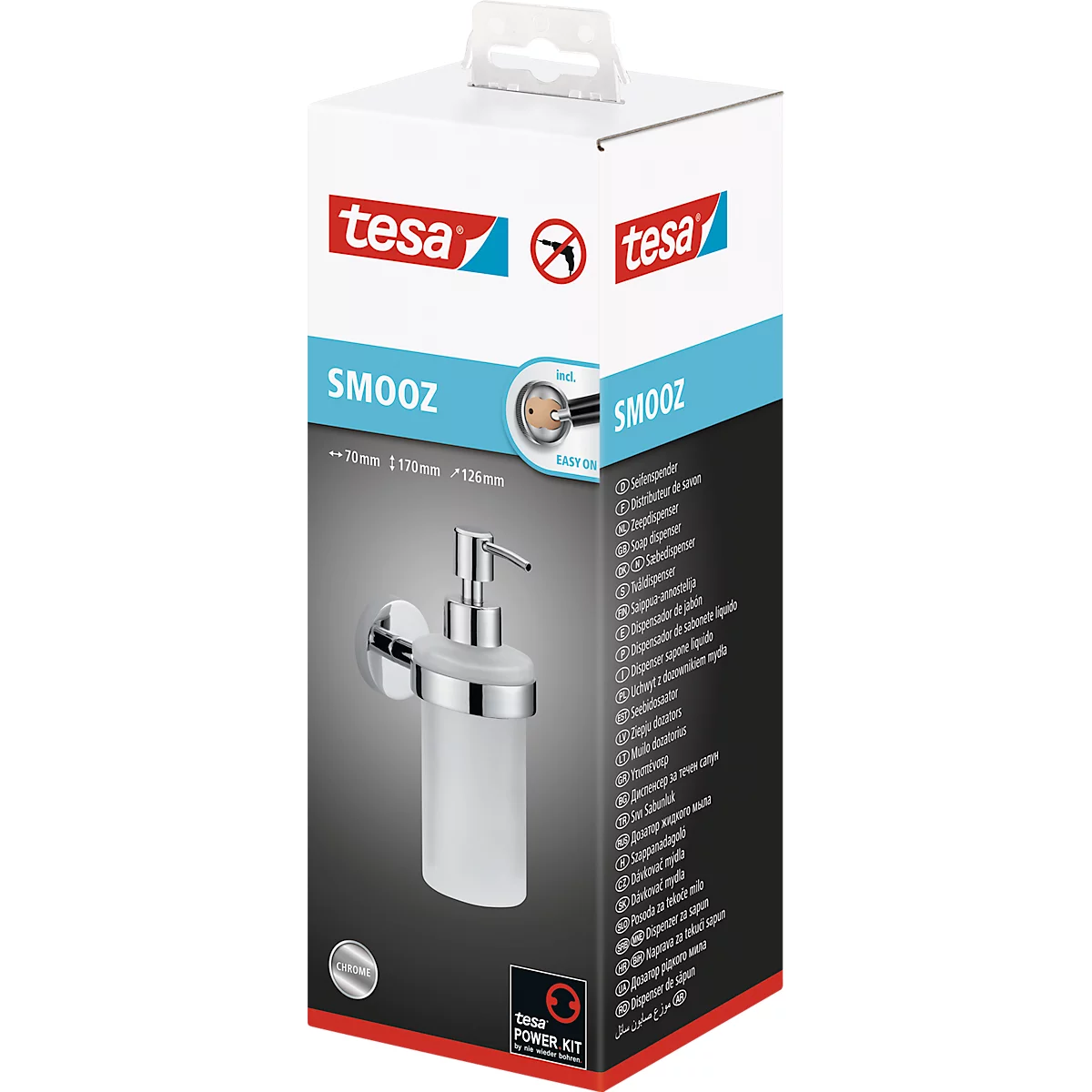 Zeepdispenserset tesa Smooz, 200 ml, navulbaar, innovatieve kleefoplossing, verchroomd