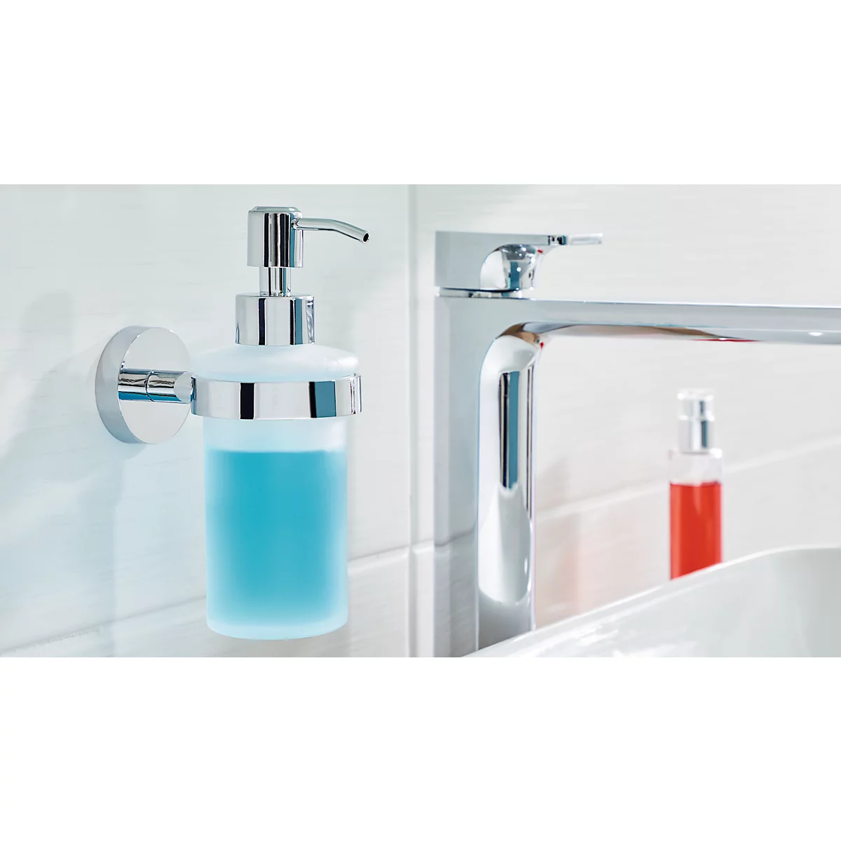 Zeepdispenserset tesa Smooz, 200 ml, navulbaar, innovatieve kleefoplossing, verchroomd