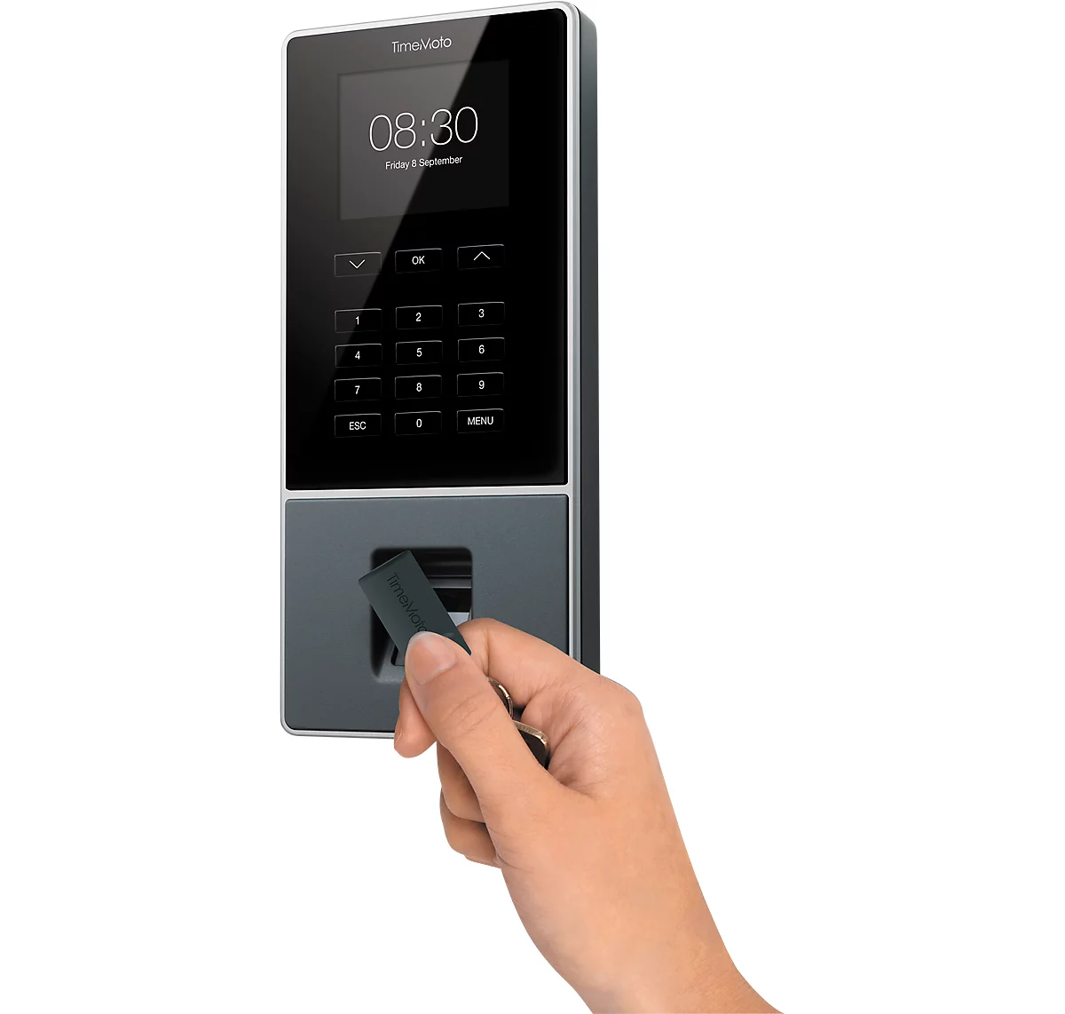 Zeiterfassungssystem TimeMoto TM-626, Wandmontage, Komplettlösung, bis 200 Nutzer, ID per RFID/PIN/Fingerabdrucksensor, USB/LAN/WLAN, 5 RFID-Karten