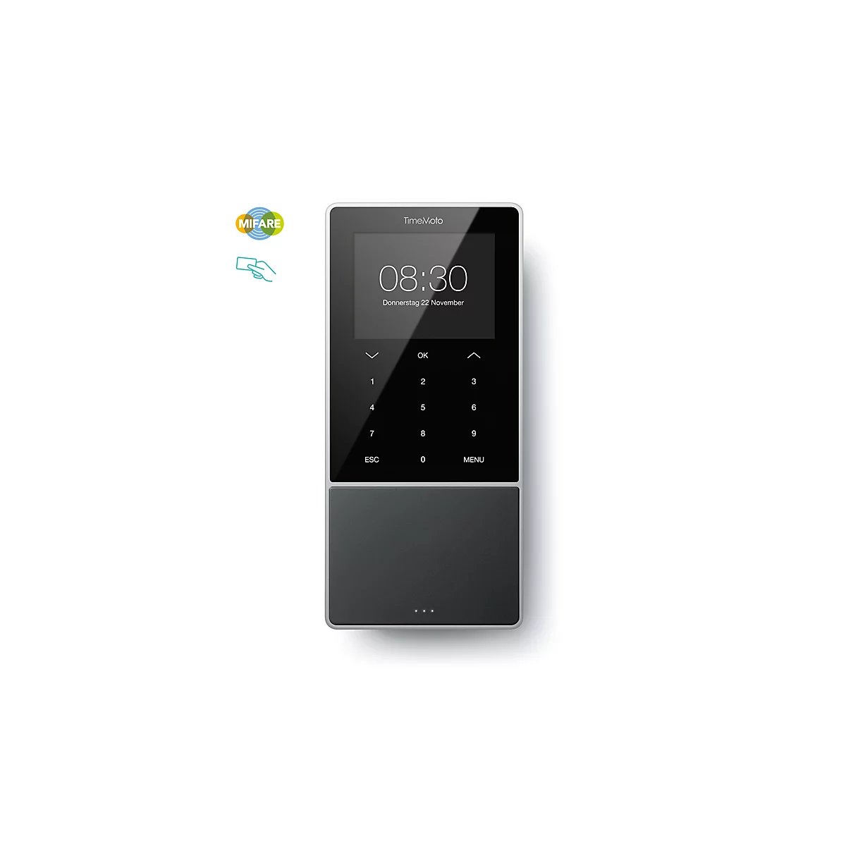Zeiterfassungssystem TimeMoto TM-818 SC, für bis zu 2000 Mitarbeiter, B 100 x T 45 x H 215 mm, schwarz + 25 RFID-Schlüsselanhänger RF-110