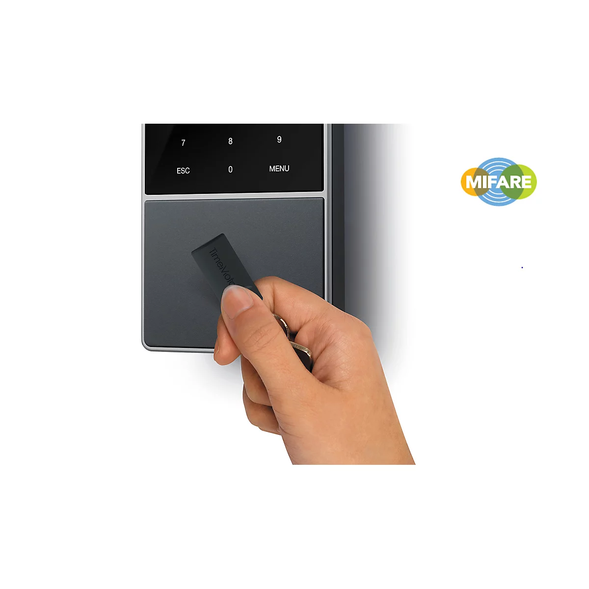 Zeiterfassungssystem TimeMoto TM-818 SC, für bis zu 2000 Mitarbeiter, B 100 x T 45 x H 215 mm, schwarz + 25 RFID-Schlüsselanhänger RF-110