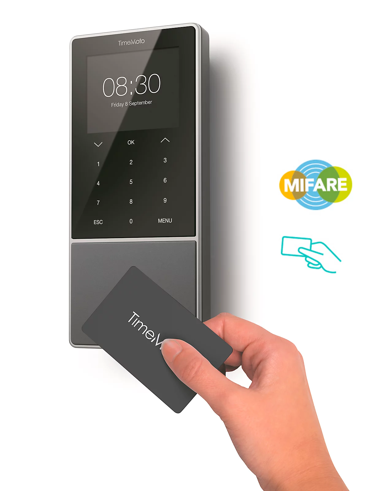 Zeiterfassungssystem TimeMoto TM-818 SC MIFARE, Wandmontage, bis 2000 Nutzer, ID per RFID/MIFARE/PIN, USB/LAN/WLAN, 5 RFID-Karten