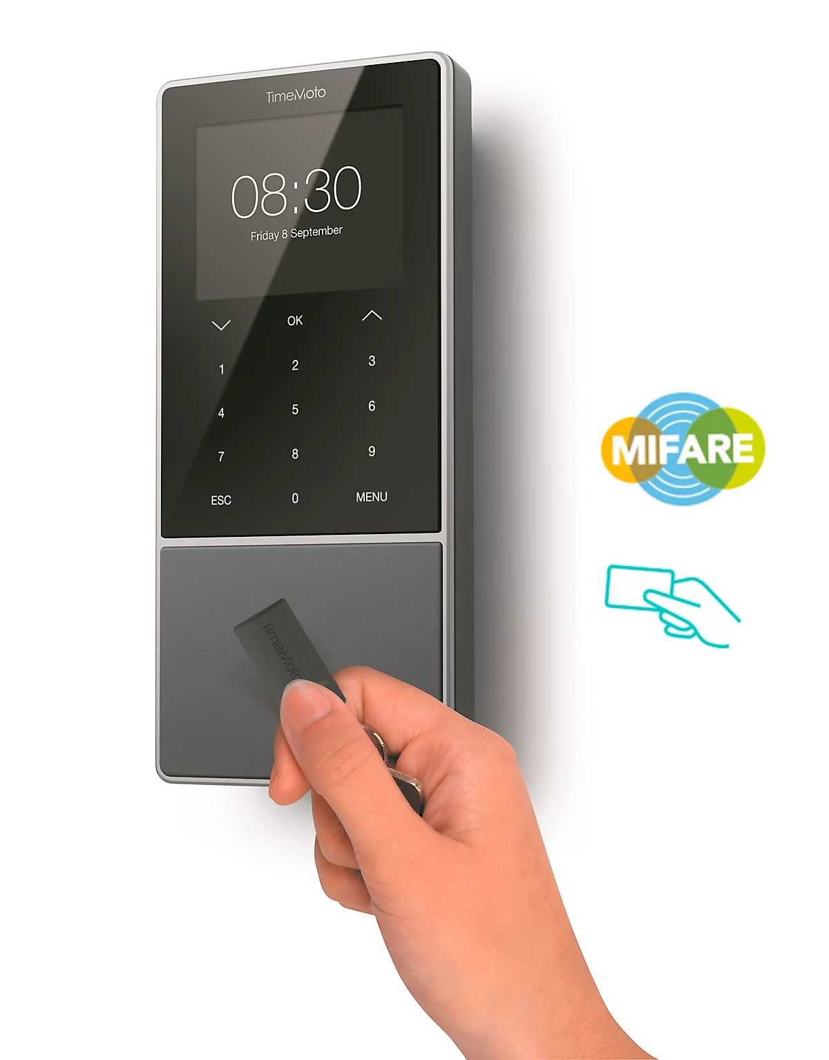 Zeiterfassungssystem TimeMoto TM-818 SC MIFARE, Wandmontage, bis 2000 Nutzer, ID per RFID/MIFARE/PIN, USB/LAN/WLAN, 5 RFID-Karten