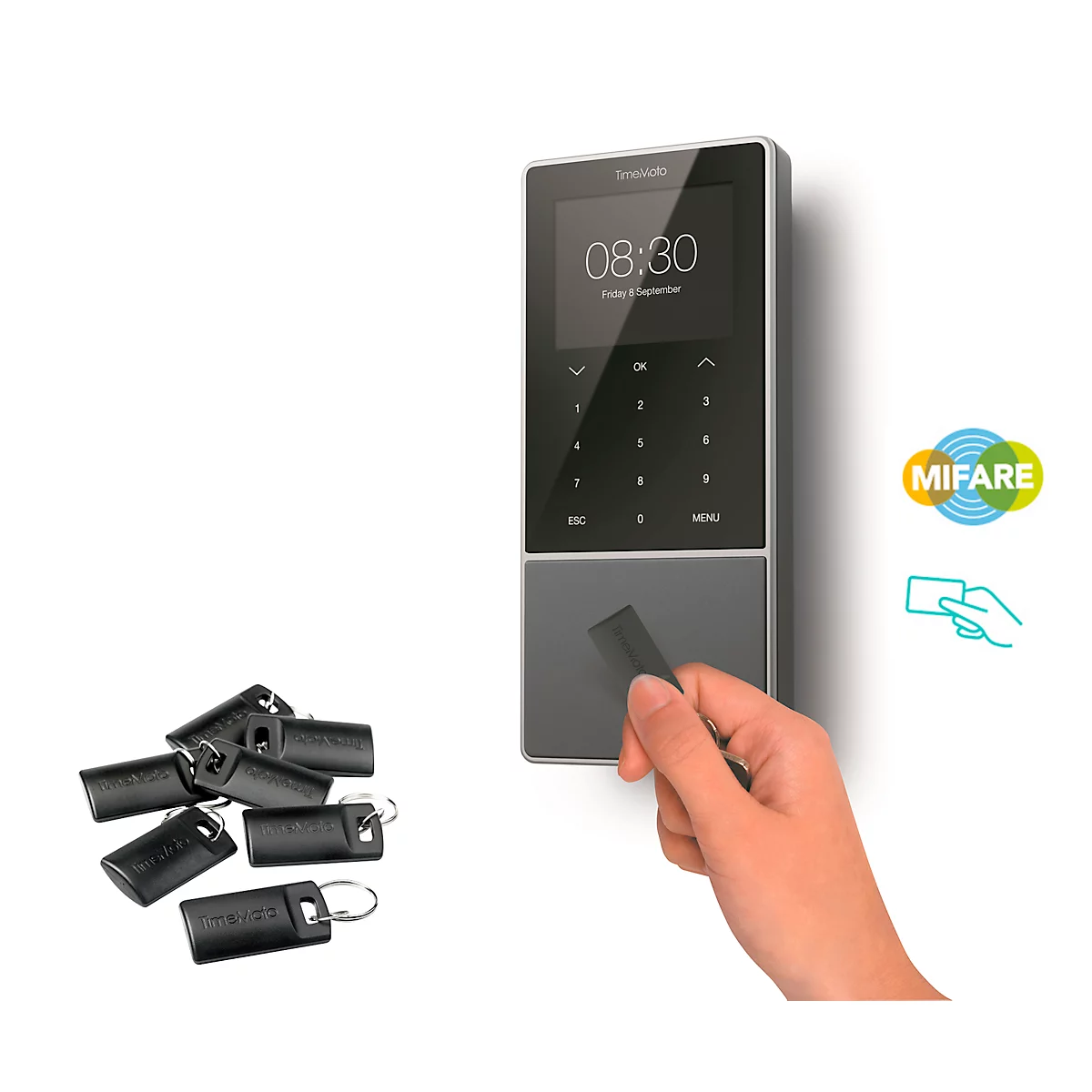 Zeiterfassungssystem TimeMoto TM-828 SC, für bis zu 2000 Mitarbeiter, B 100 x T 45 x H 215 mm, schwarz + 25 RFID-Schlüsselanhänger RF-110