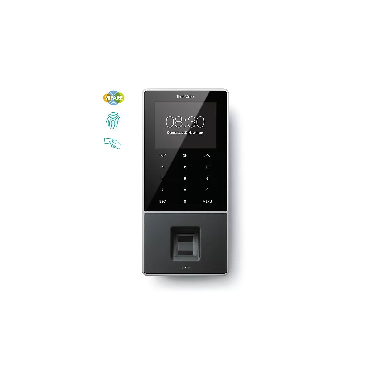 Zeiterfassungssystem TimeMoto TM-828 SC, für bis zu 2000 Mitarbeiter, B 100 x T 45 x H 215 mm, schwarz + 25 RFID-Schlüsselanhänger RF-110