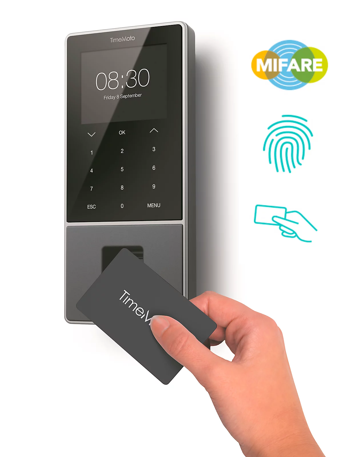 Zeiterfassungssystem TimeMoto TM-828 SC MIFARE, Wandmont., Komplettlösung, bis 2000 Nutzer, ID per RFID/MIFARE/PIN/Finger, USB/LAN/WLAN, 5 RFID-Karten