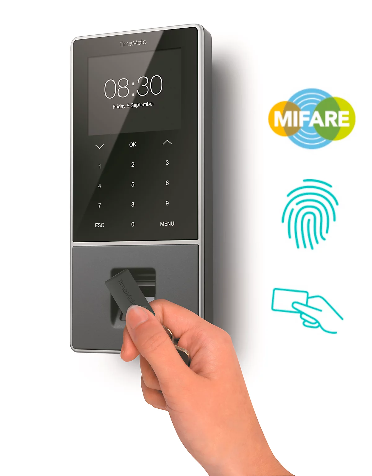 Zeiterfassungssystem TimeMoto TM-828 SC MIFARE, Wandmont., Komplettlösung, bis 2000 Nutzer, ID per RFID/MIFARE/PIN/Finger, USB/LAN/WLAN, 5 RFID-Karten