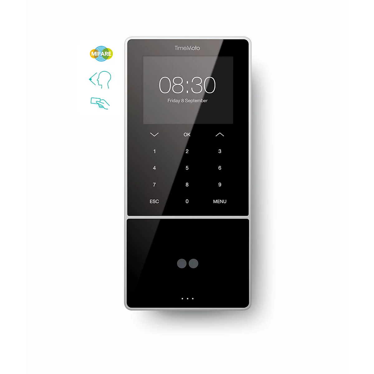 Zeiterfassungssystem TimeMoto TM-838 SC MIFARE, Komplettlösung, bis 2000 Nutzer, ID per RFID/MIFARE/PIN/Gesicht, USB/LAN/WLAN, 5 RFID-Karten