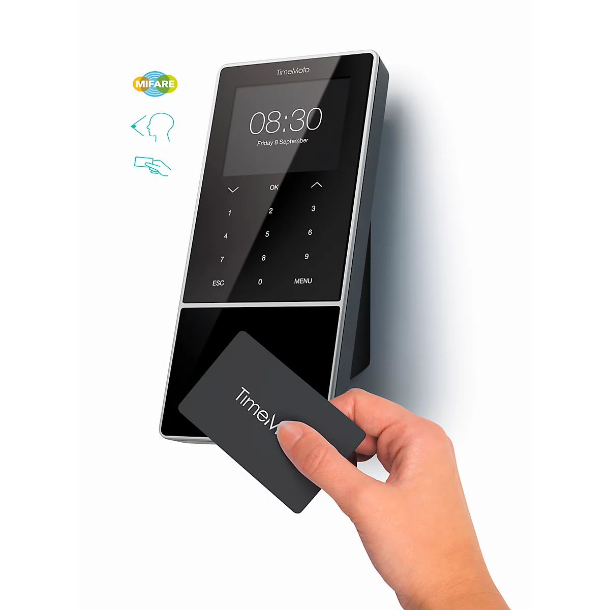 Zeiterfassungssystem TimeMoto TM-838 SC MIFARE, Komplettlösung, bis 2000 Nutzer, ID per RFID/MIFARE/PIN/Gesicht, USB/LAN/WLAN, 5 RFID-Karten