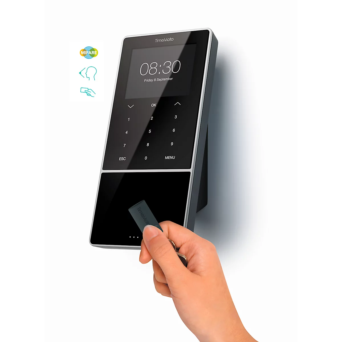 Zeiterfassungssystem TimeMoto TM-838 SC MIFARE, Komplettlösung, bis 2000 Nutzer, ID per RFID/MIFARE/PIN/Gesicht, USB/LAN/WLAN, 5 RFID-Karten