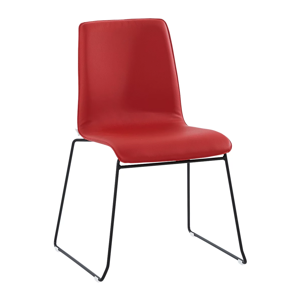 Red chair with black frame, front view. Padded seat and backrest, minimalist design.