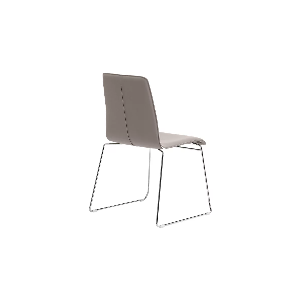 Gray chair from behind, leather-like seat, chrome frame. The backrest has a vertical seam.