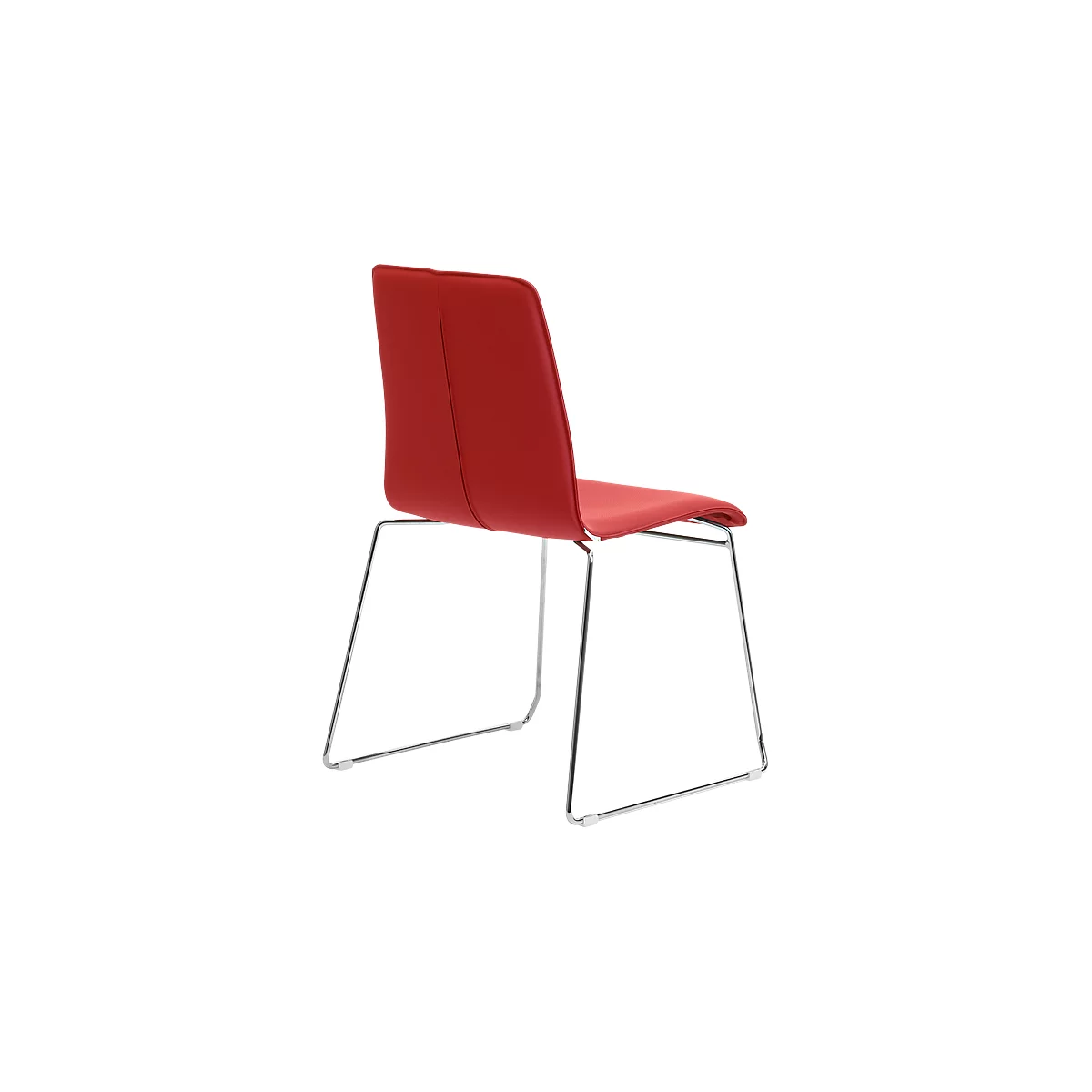 Red chair with metal legs. The backrest is rounded.