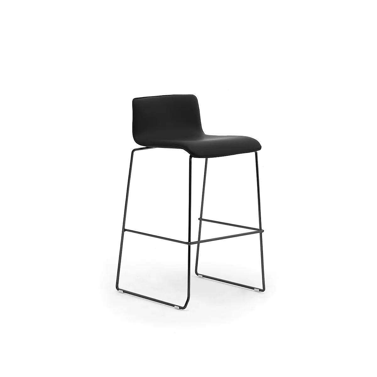 Black bar stool on a white background. Seat and backrest form a unit. The frame is made of wire.