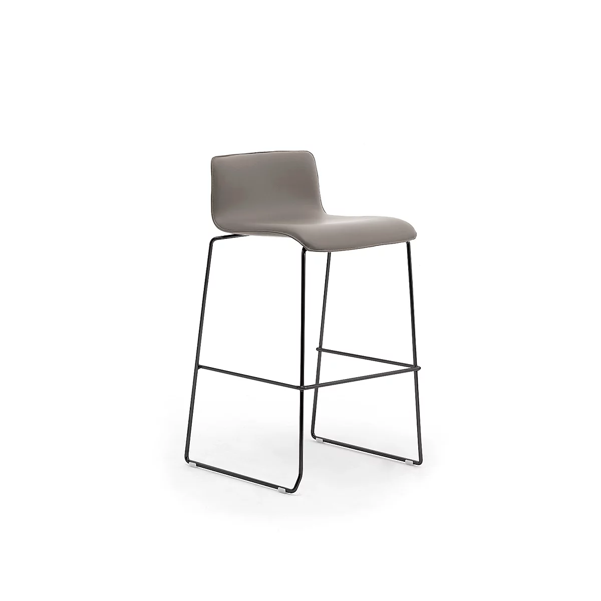 A gray bar stool with black metal frame. It has a padded seat and backrest.
