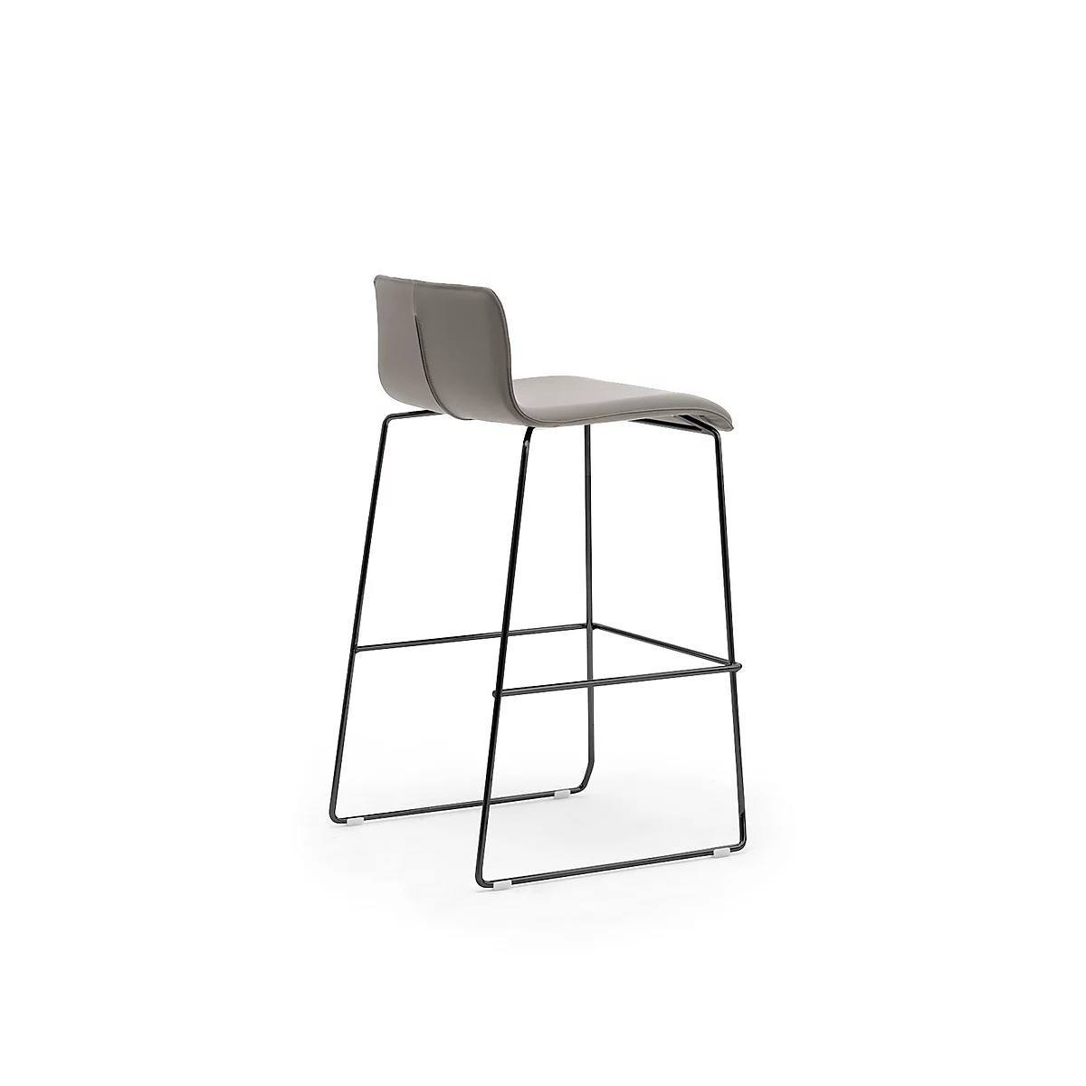Gray bar stool against a white background. Black frame, seat and backrest in gray.