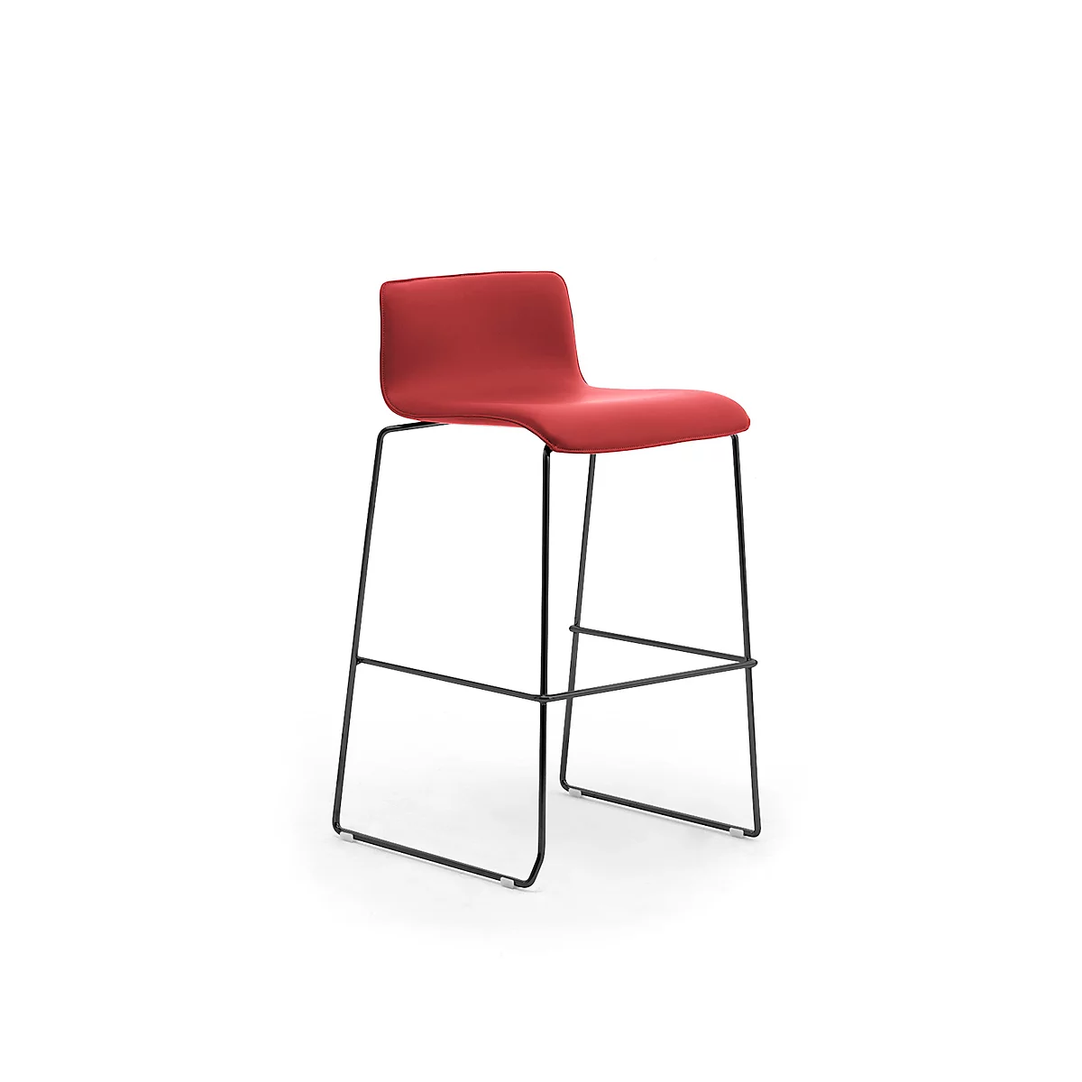 Red bar stool with black metal frame. Backrest and seat are made of red fabric.