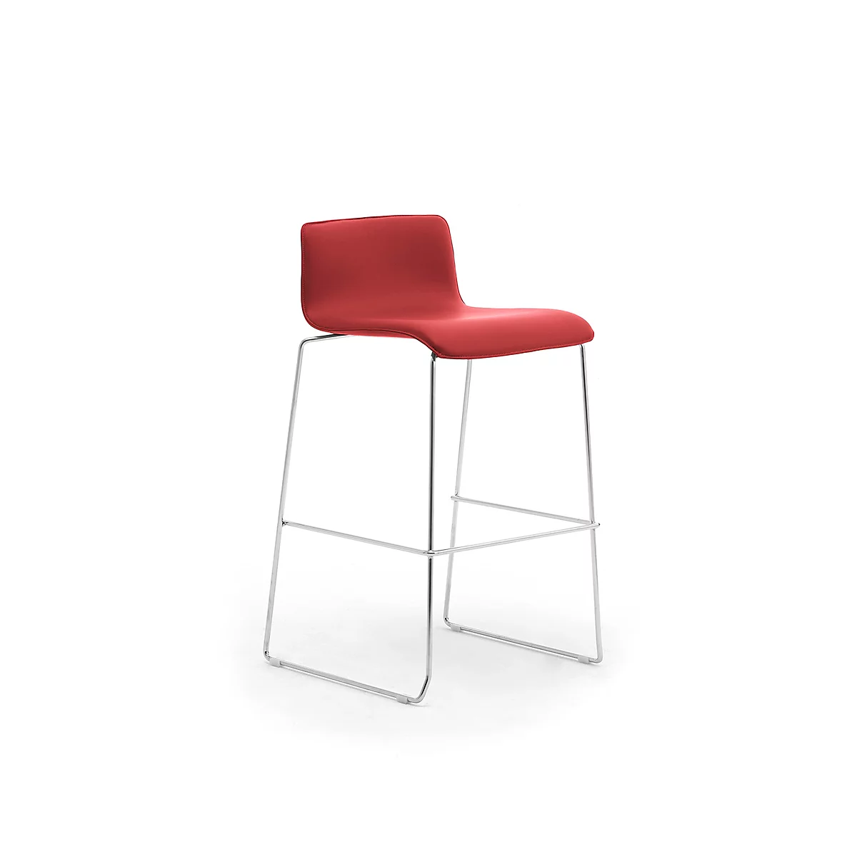 Red bar stool with chrome frame, against white background.