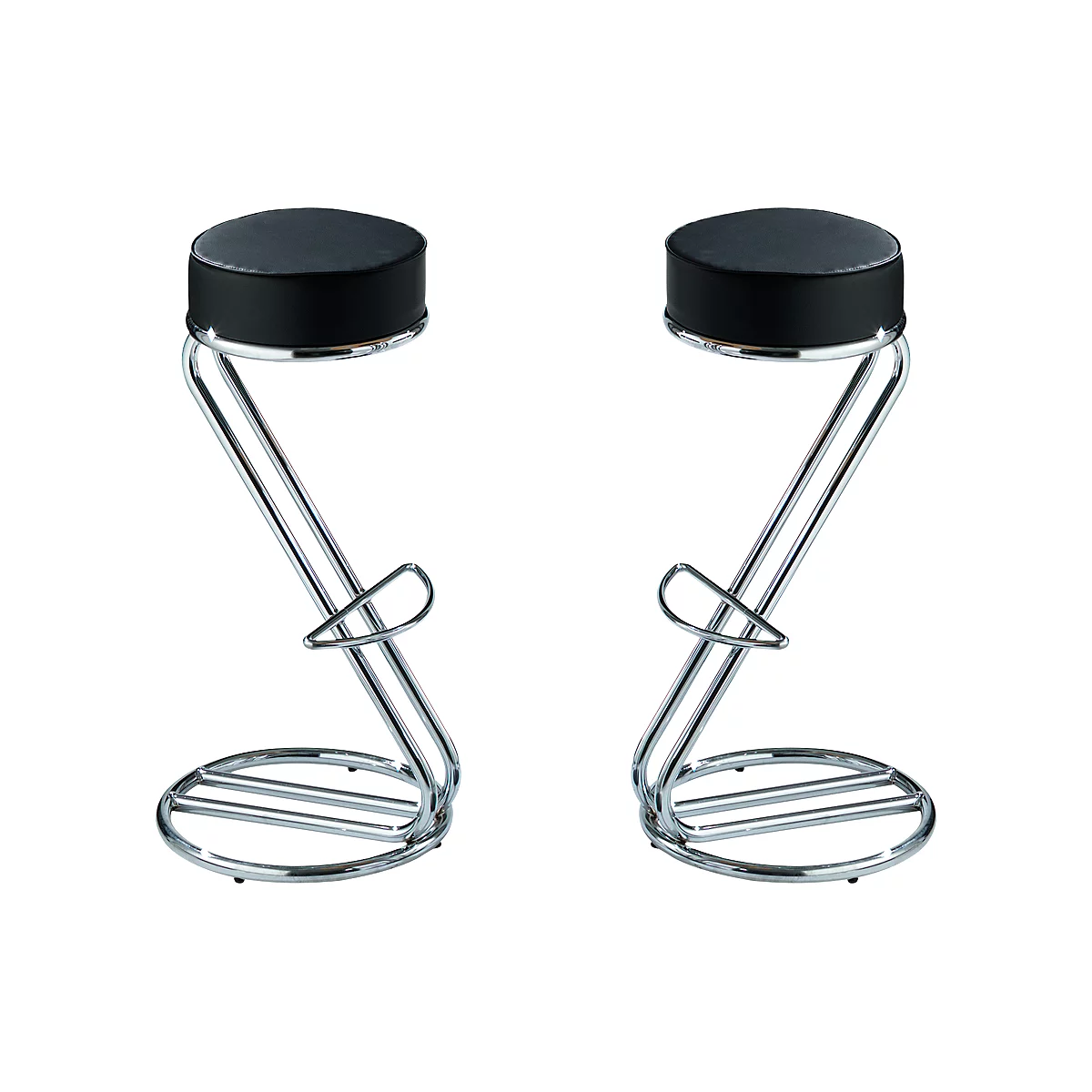 Two bar stools with black, round seats and chrome metal frame, against a white background.