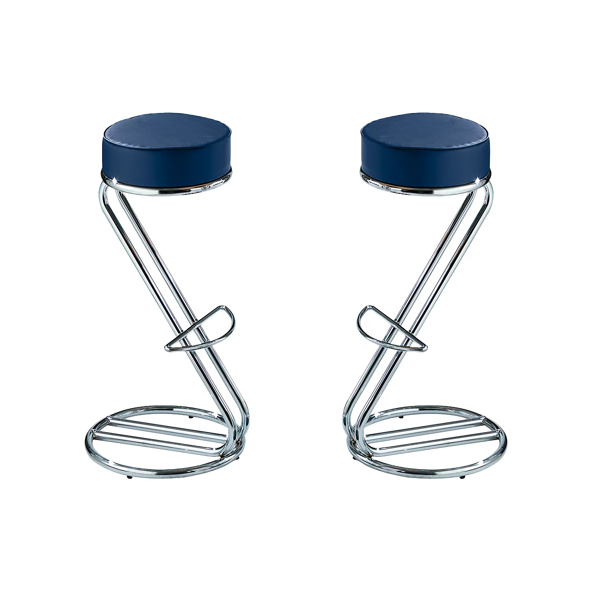Two bar stools with blue seats and chrome frames are next to each other.