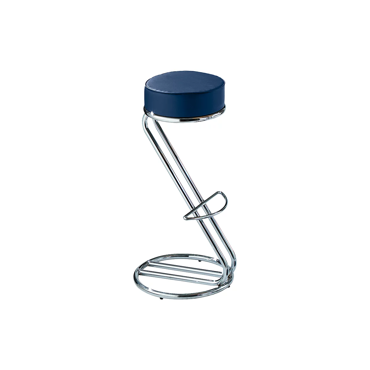 Blue bar stool with chrome frame. Round seat, curved legs with footrest.