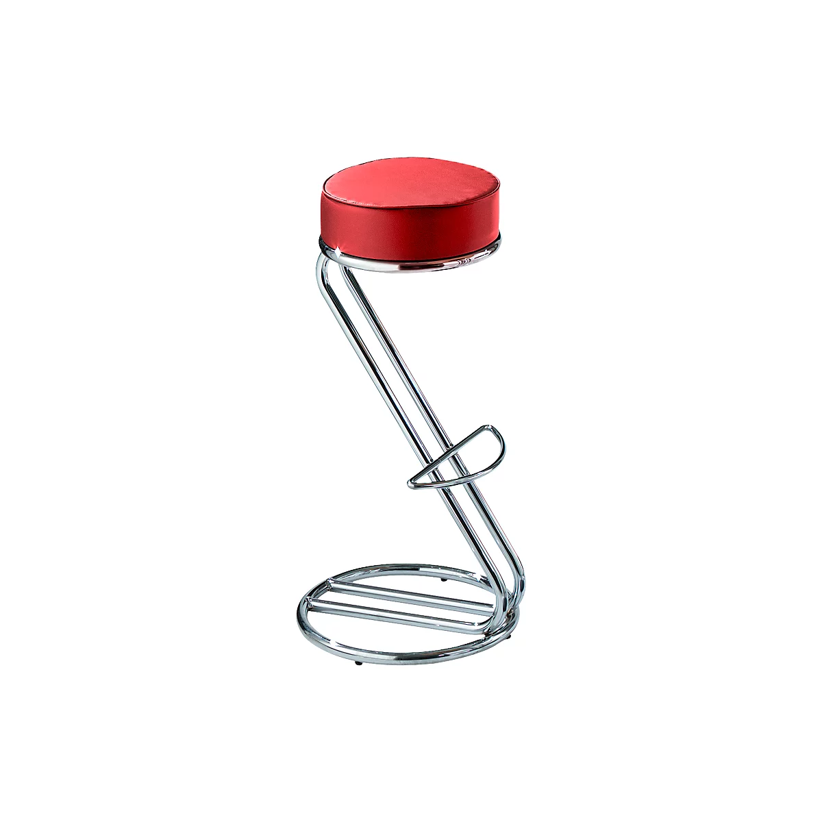 A bar stool with a red seat and a chrome frame, footrest, and base ring.