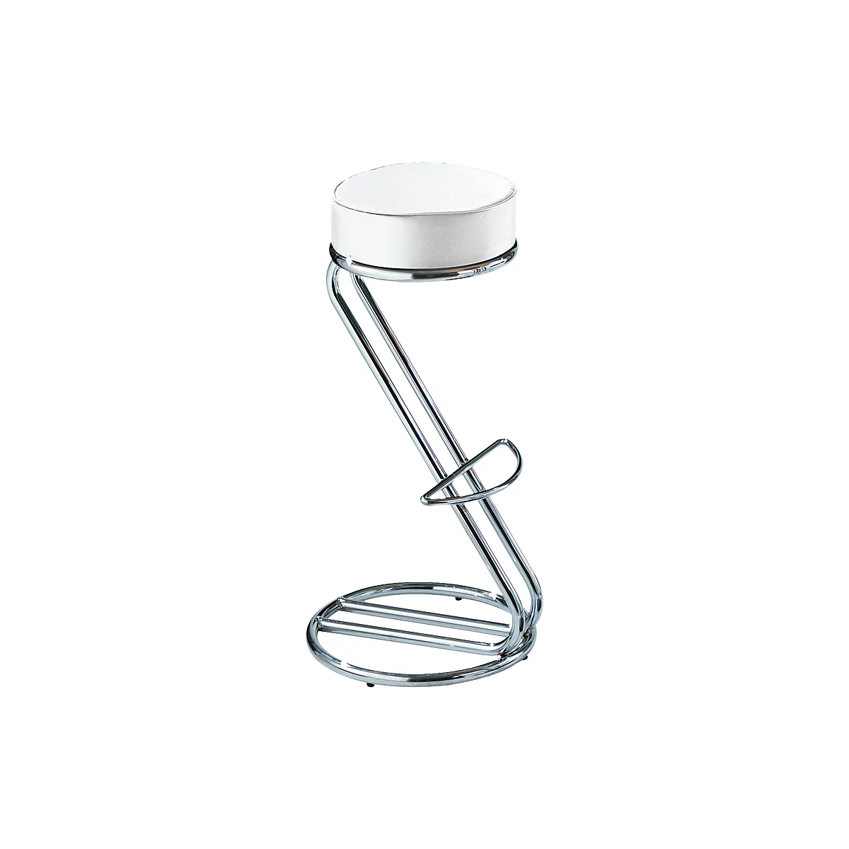 A bar stool with a white seat and chrome frame curved in an elegant shape. A footrest is integrated.
