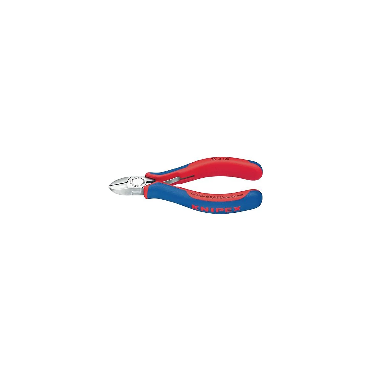Een close-up van een rood en blauw zijsnijtang van Knipex, met witte markeringen.