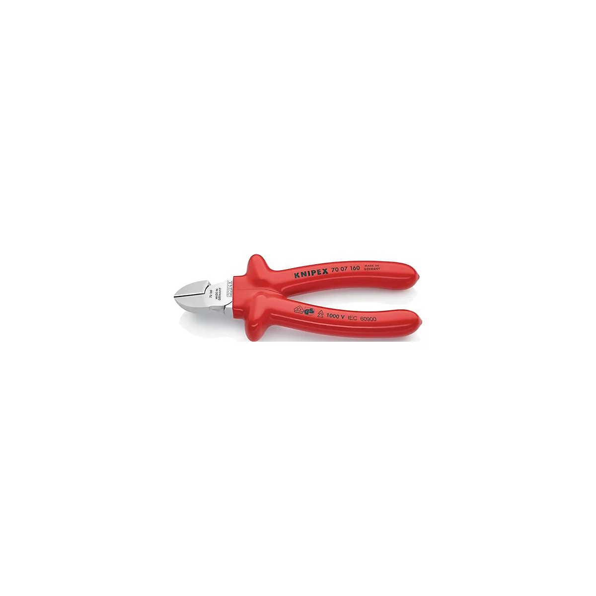 Rode zijsnijtang, met opschrift 'KNIPEX', '70 07 160', '1000 V IEC 60900'.