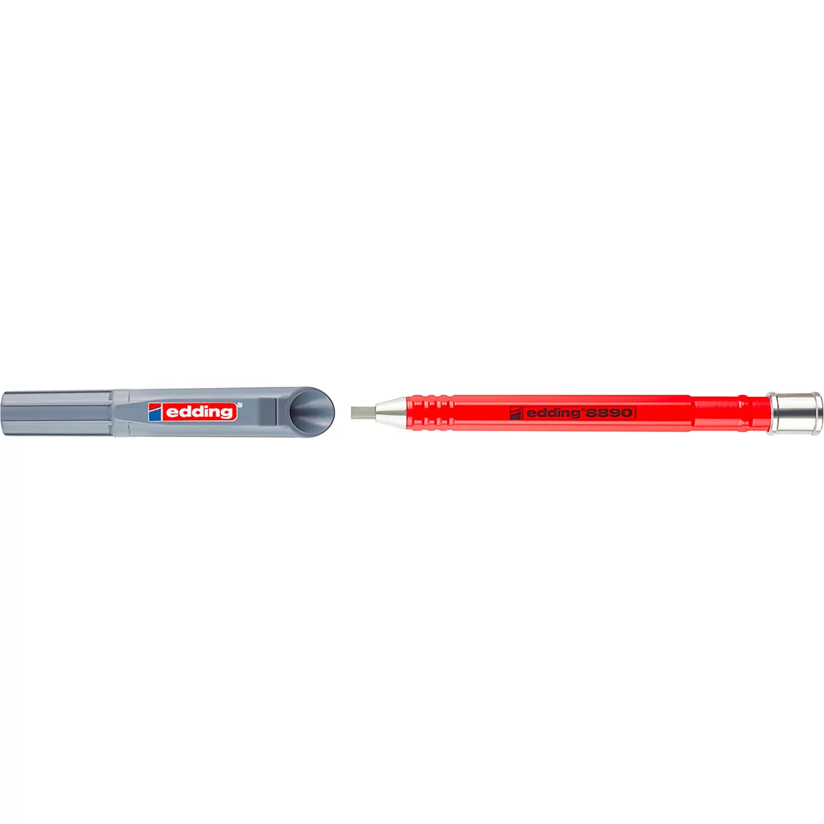 Ein roter Edding-Marker, die Kappe abgezogen. Der Marker-Korpus ist rot, die Spitze und die Kappe grau.