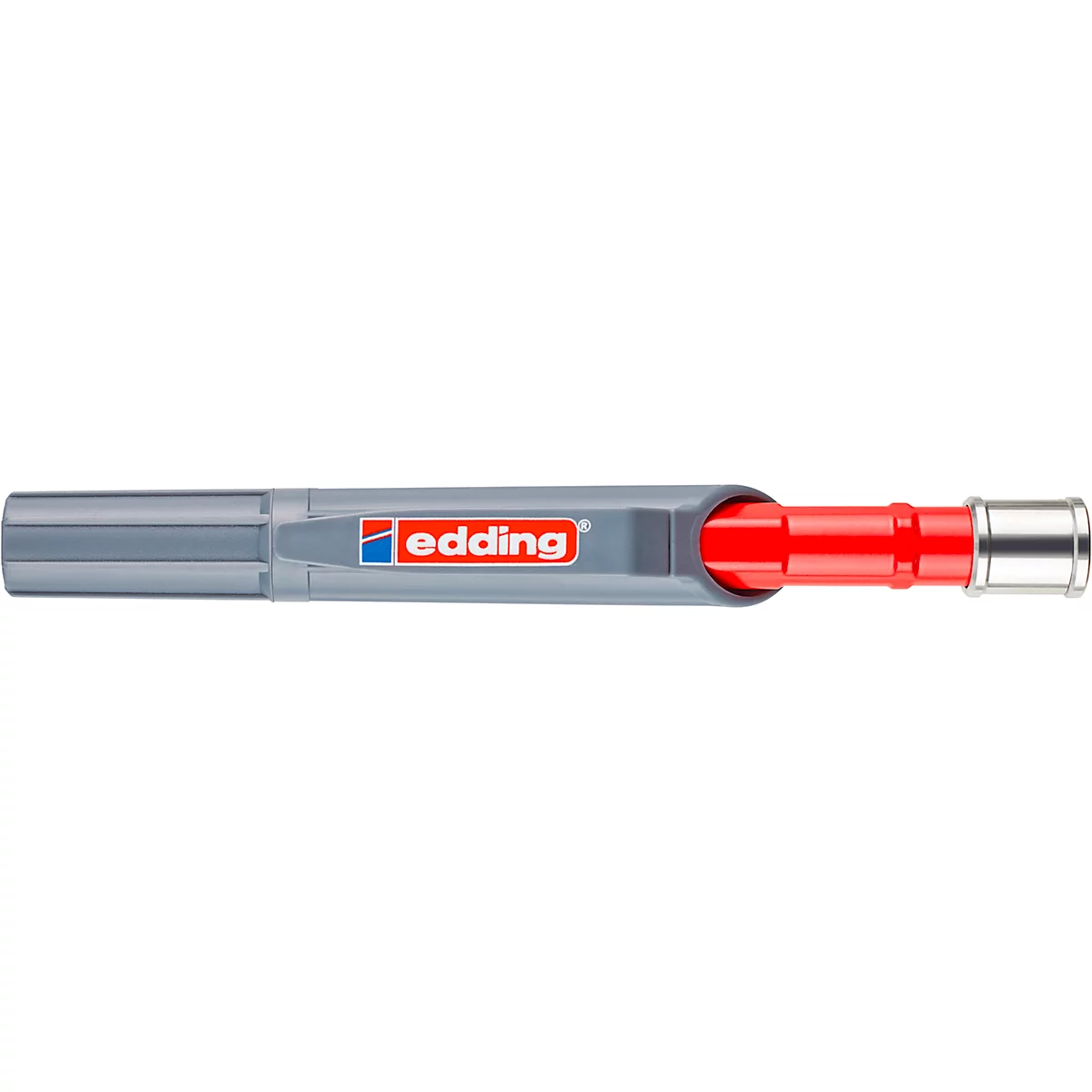 Nahaufnahme eines grauen Edding-Stiftes mit rotem Stiftkern. Der Markenname „edding“ ist auf dem Stift abgebildet.