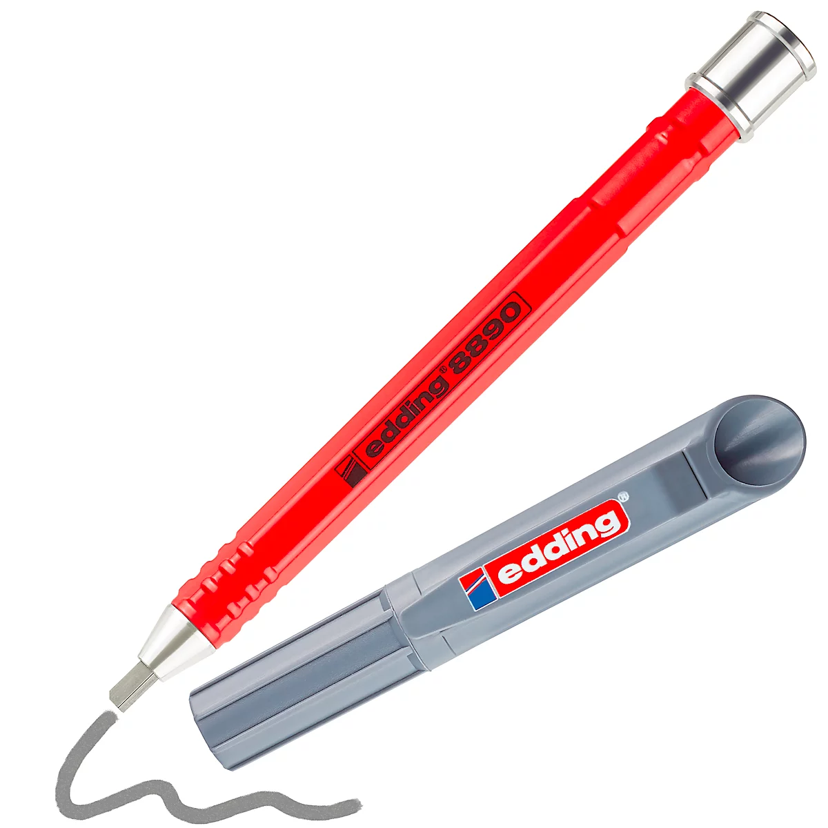 Roter Edding-Druckbleistift mit grauer Mine und grauer Minenverpackung. Der Stift zeichnet eine graue Linie.