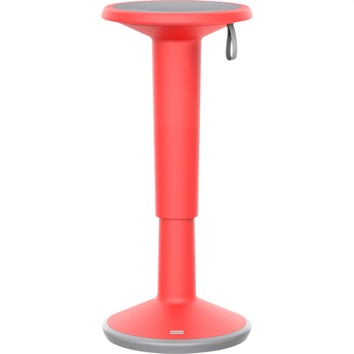 Een rode stahocker, met grijze zitting en voetring.