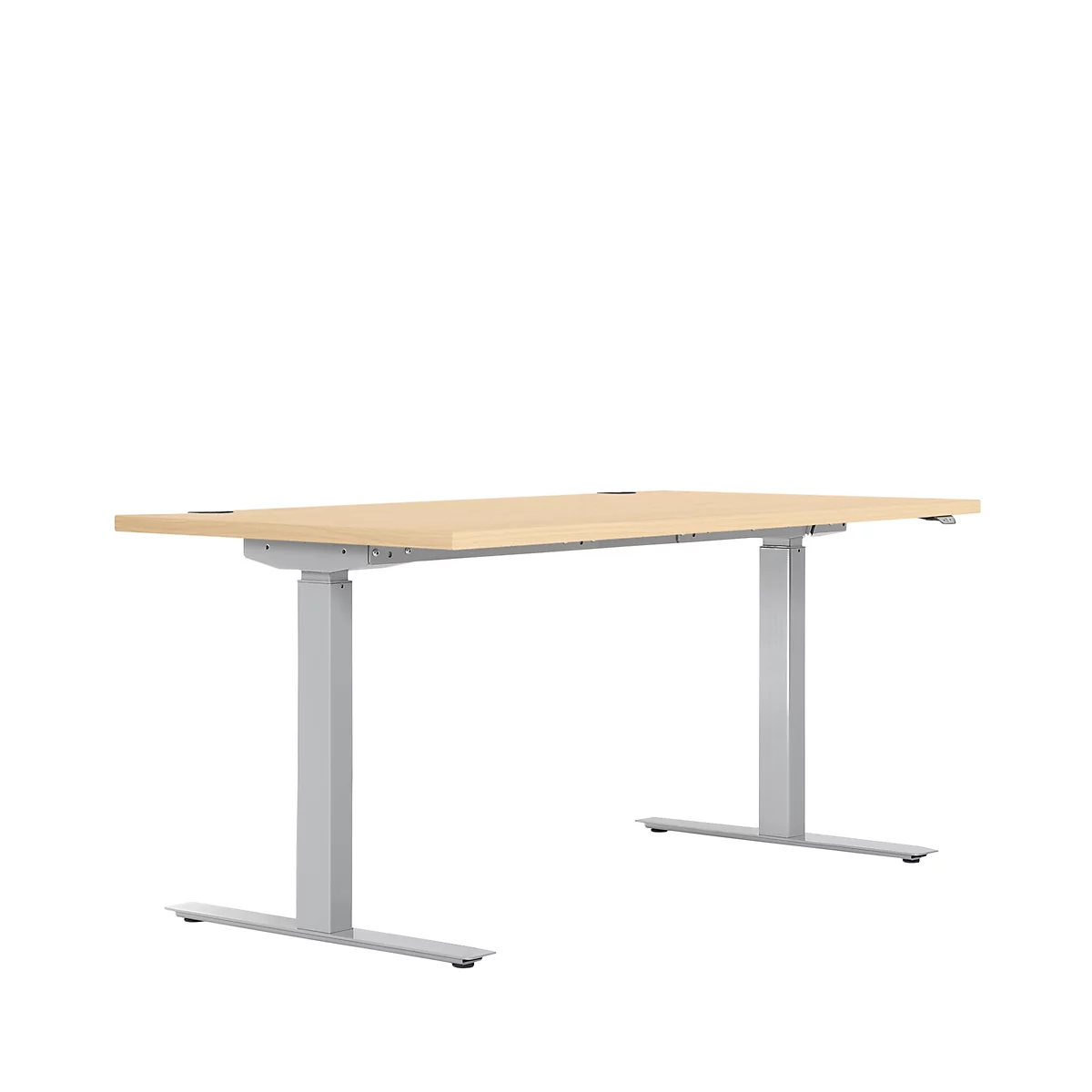 In hoogte verstelbaar bureau op witte achtergrond. Licht houten tafelblad, grijze poten.