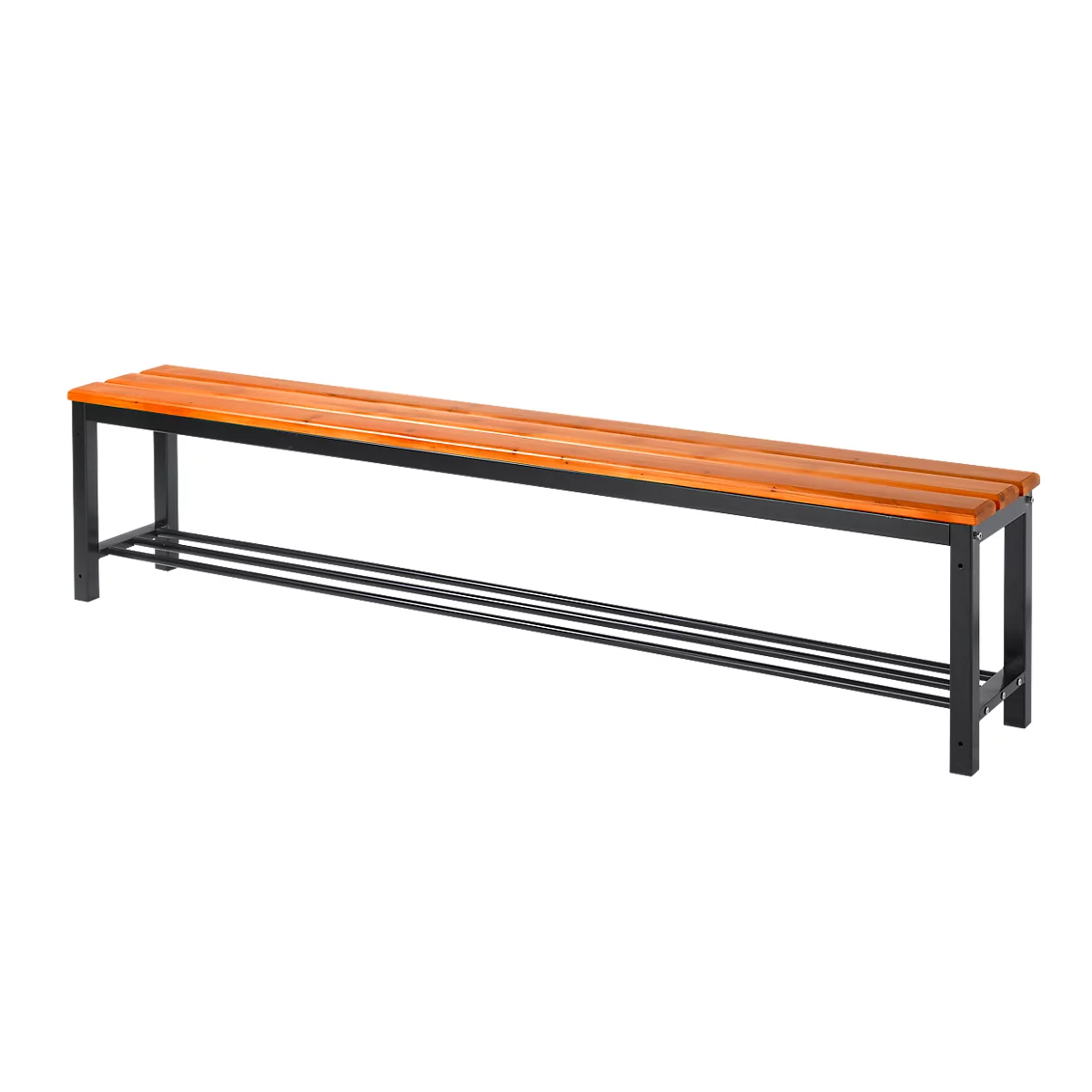 Lange houten bank met zwart metalen frame, twee niveaus, detailweergave.