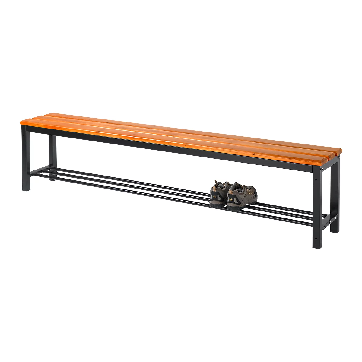 Houten bank met zwart metalen frame. Bruine schoenen staan op de plank.