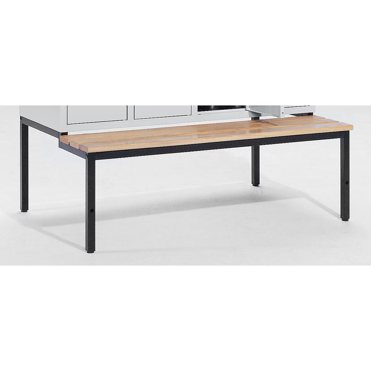 zitbank, zwart met 3 beukenhouten lijsten, 1230 mm breed