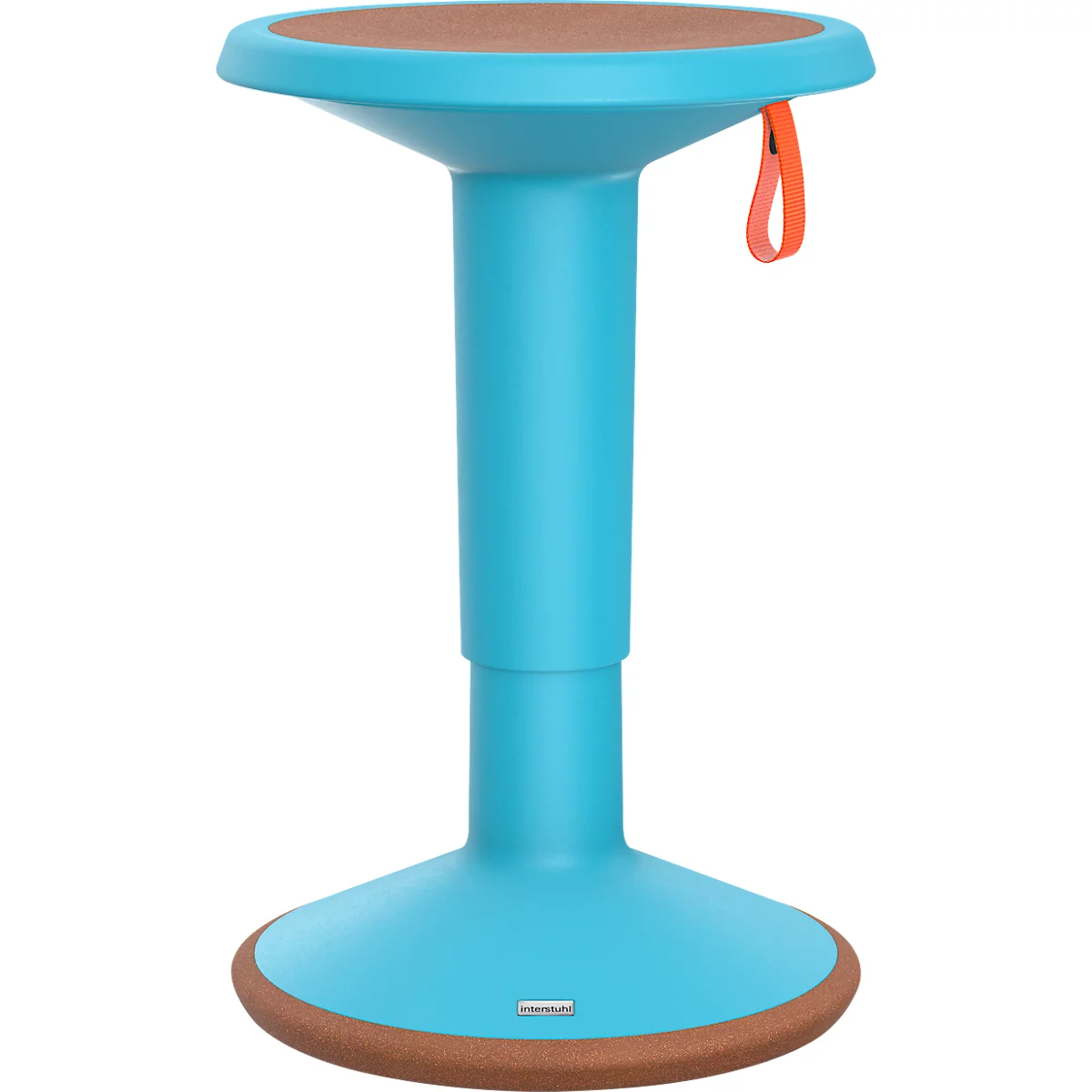 Turquoise stahokker met bruine zitting en voetrand. Een oranje handgreep is aan de zijkant bevestigd.