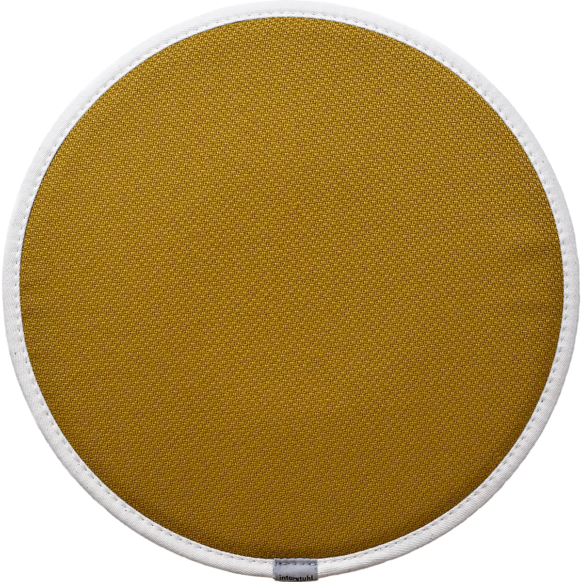 Ronde mosterdkleurige kruk met witte rand, op een neutrale achtergrond.