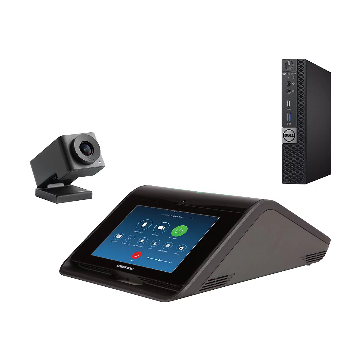 Videokonferenz-Set mit Touchscreen-Bedienteil, Kamera und Dell-PC. Schwarz, modern.